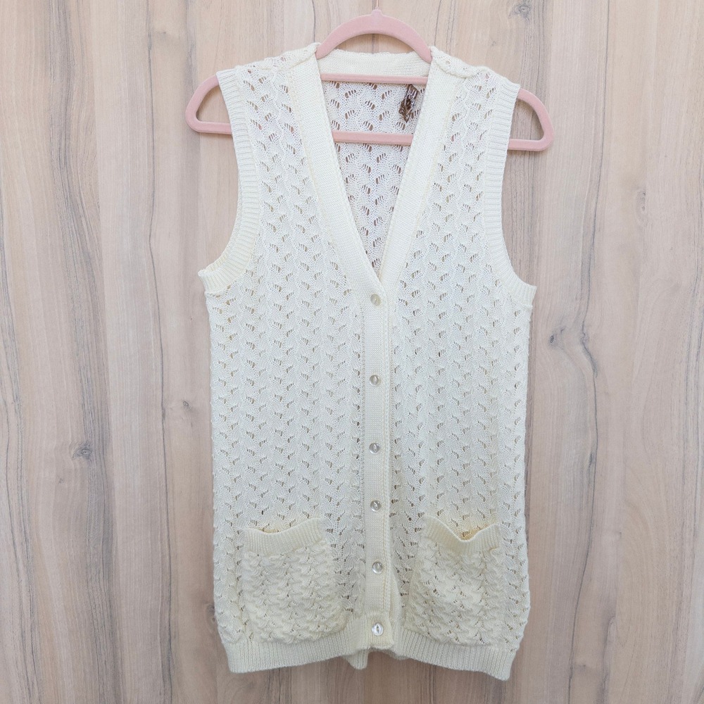 VTG Robby Kent Womens Sweater Vest Size M Cream Open Knit Cottage Classic Preppy